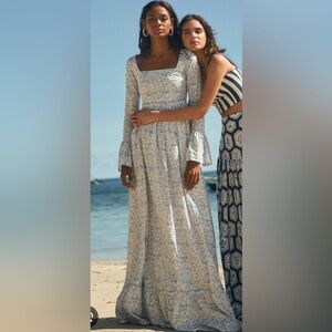 RARE NWT Agua by Agua Bendita Curuba Linen Maxi Dress White Blue Floral Size L